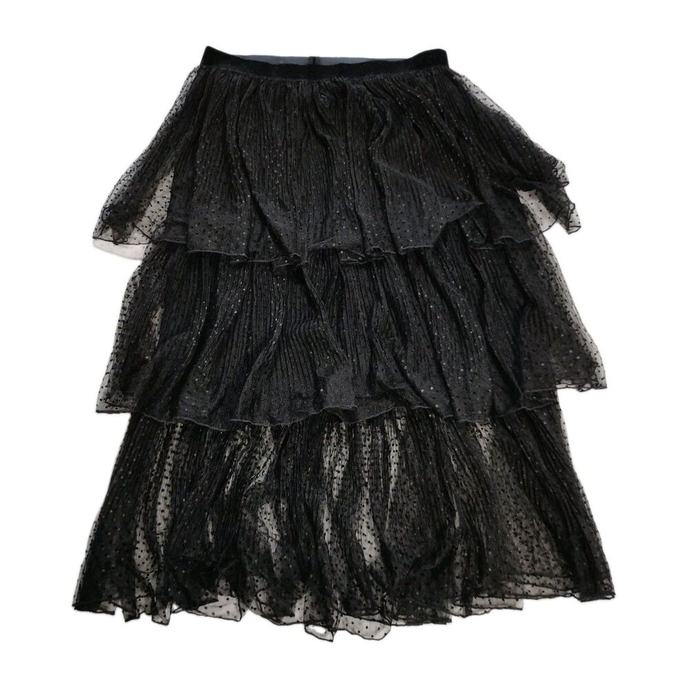 Zara Black Whimsygoth Tiered Tulle Mesh Midi Skirt Swiss Dot Velvet Waist M 29"